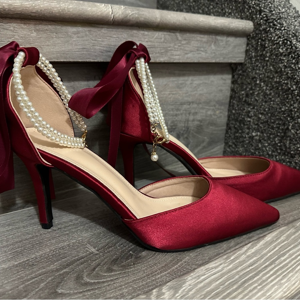 SHEIN Burgundy Satin Heels with Pearl Accent